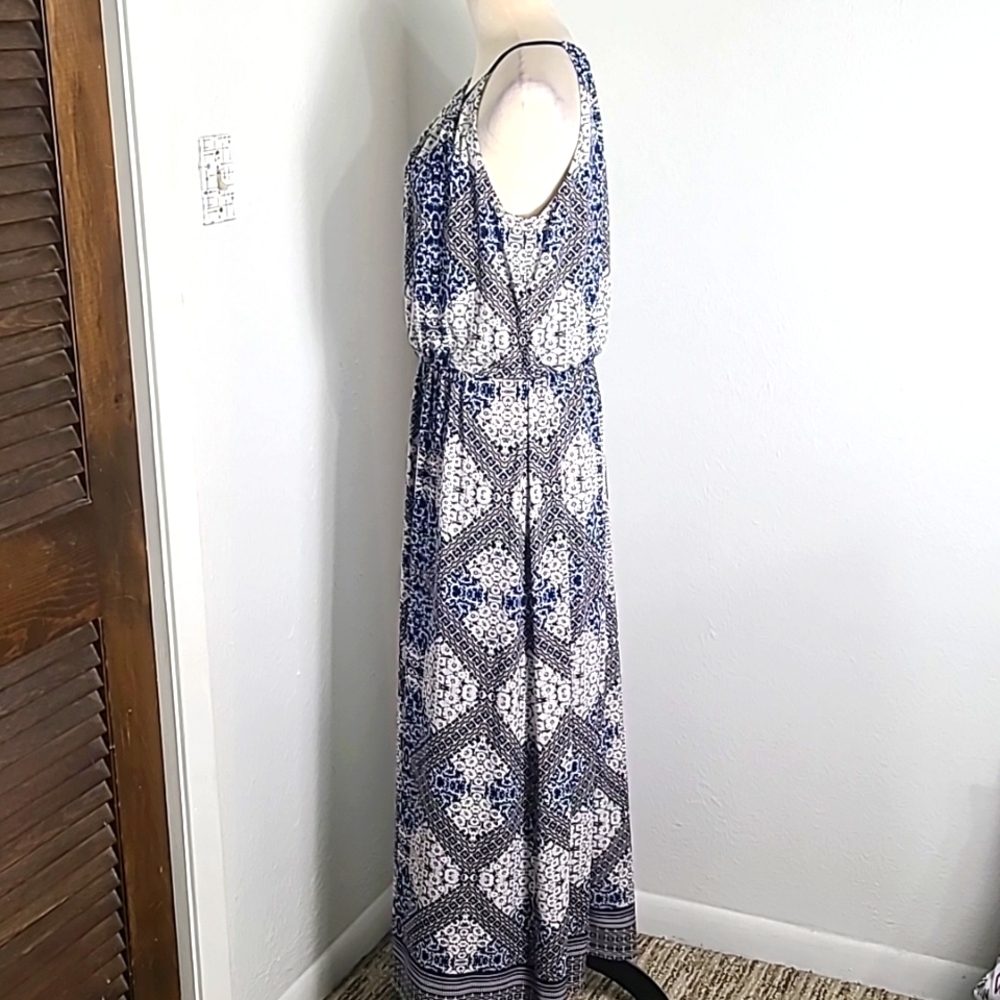 London Times Elegant Navy & White Print Maxi-Dress, Spaghetti Straps, Size 14 - Picture 6 of 10